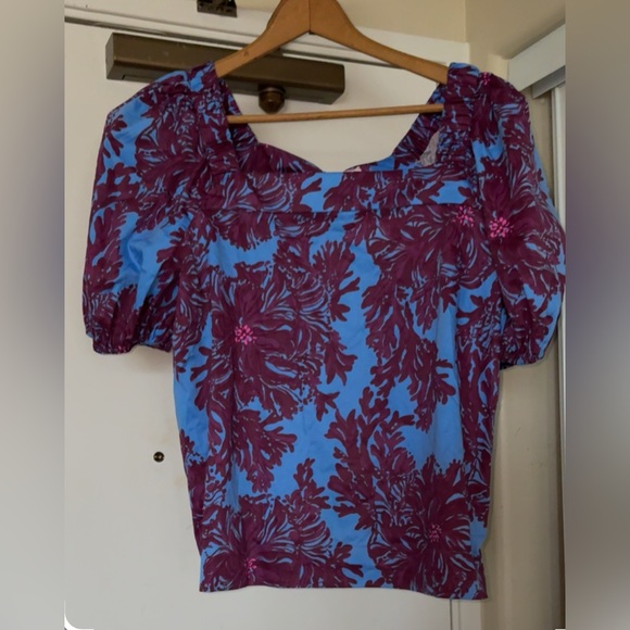 Floral Puff Sleeve Top - Blue and Purple - Picture 1 of 5
